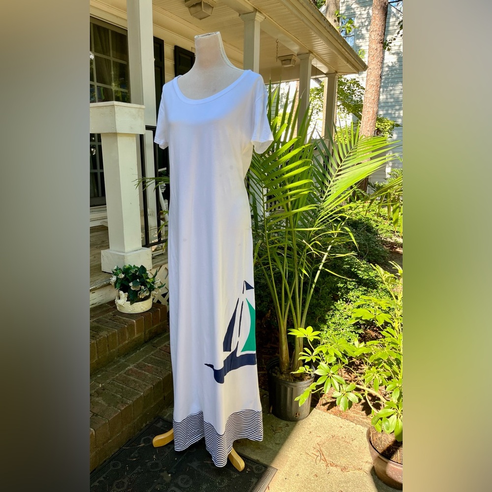 Tommy Bahama Resort White Maxi T-Shirt Dress, Luxury Cotton, L, EUC, Sailboat